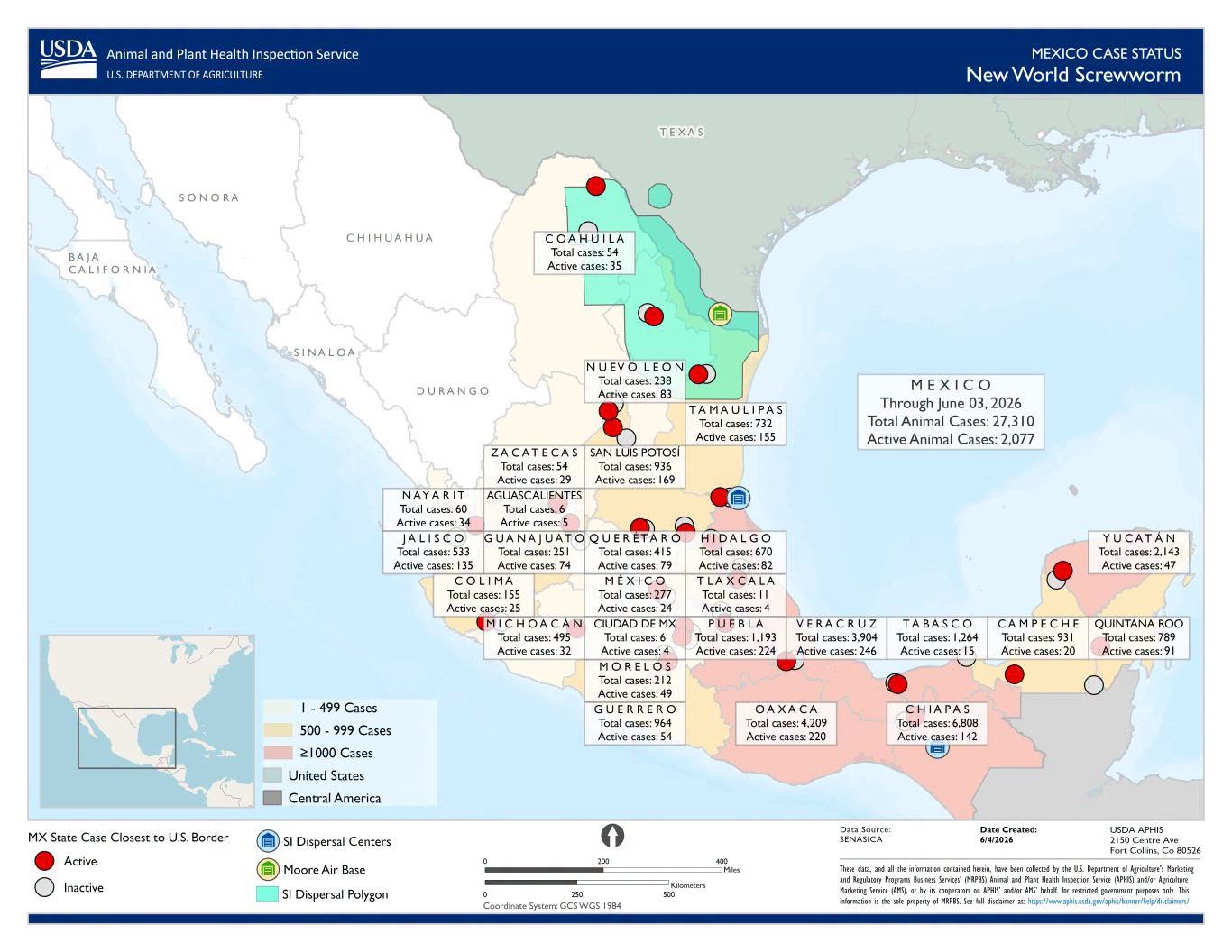 Map showing the spread of the New World screwworm toward northern Mexico and Texas