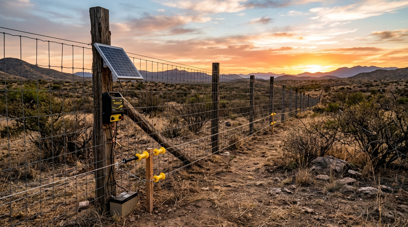 Cerca de malla con hilos eléctricos y energizador solar