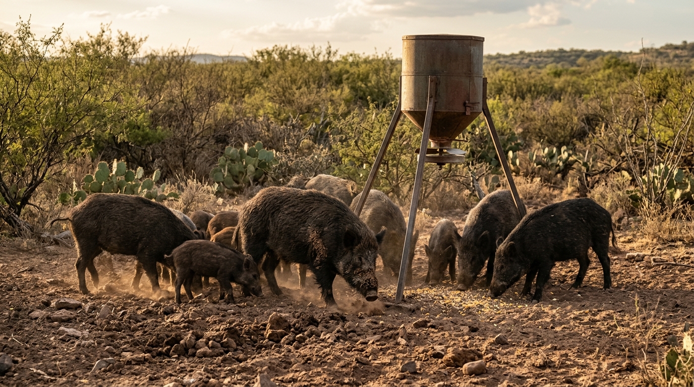 Cerdos ferales alrededor de un comedero de venado