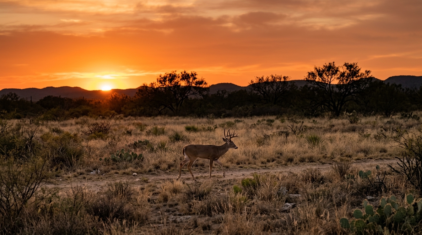 Venado cola blanca caminando libre por el monte al atardecer